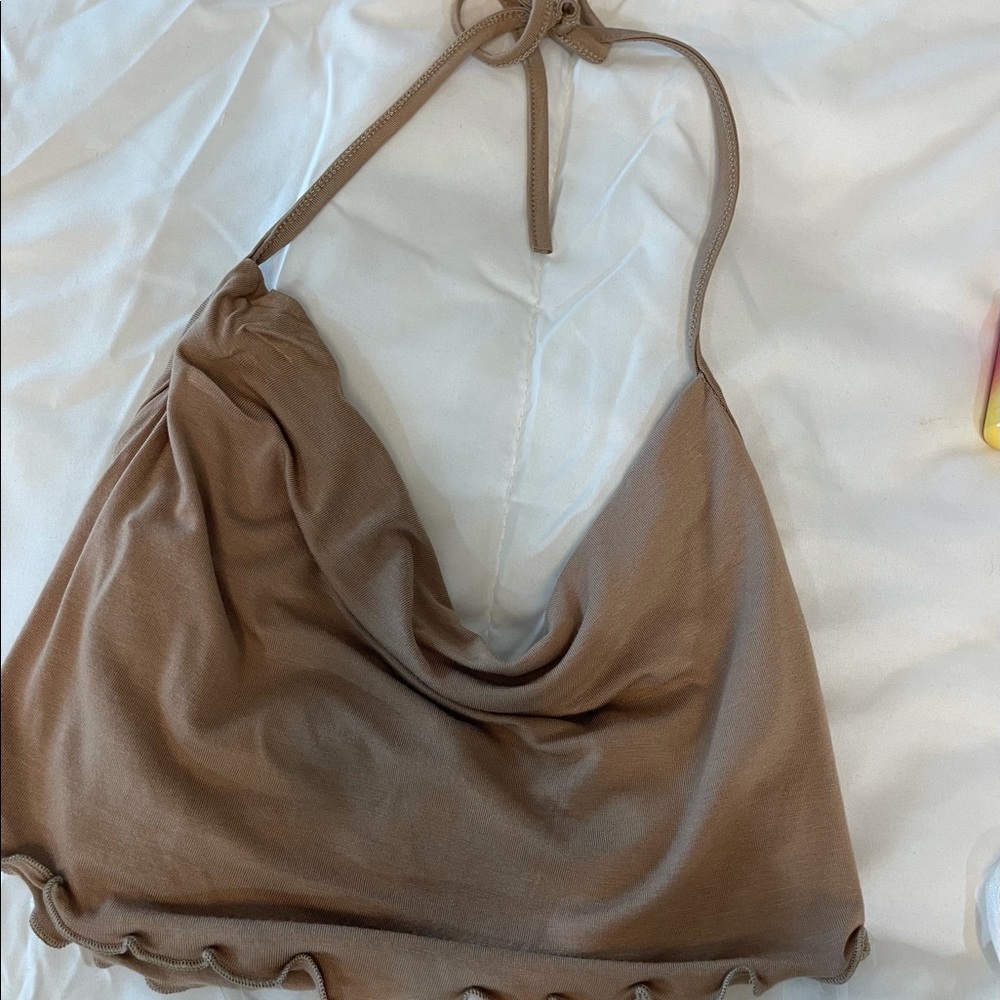 Brown frilly halter tie top